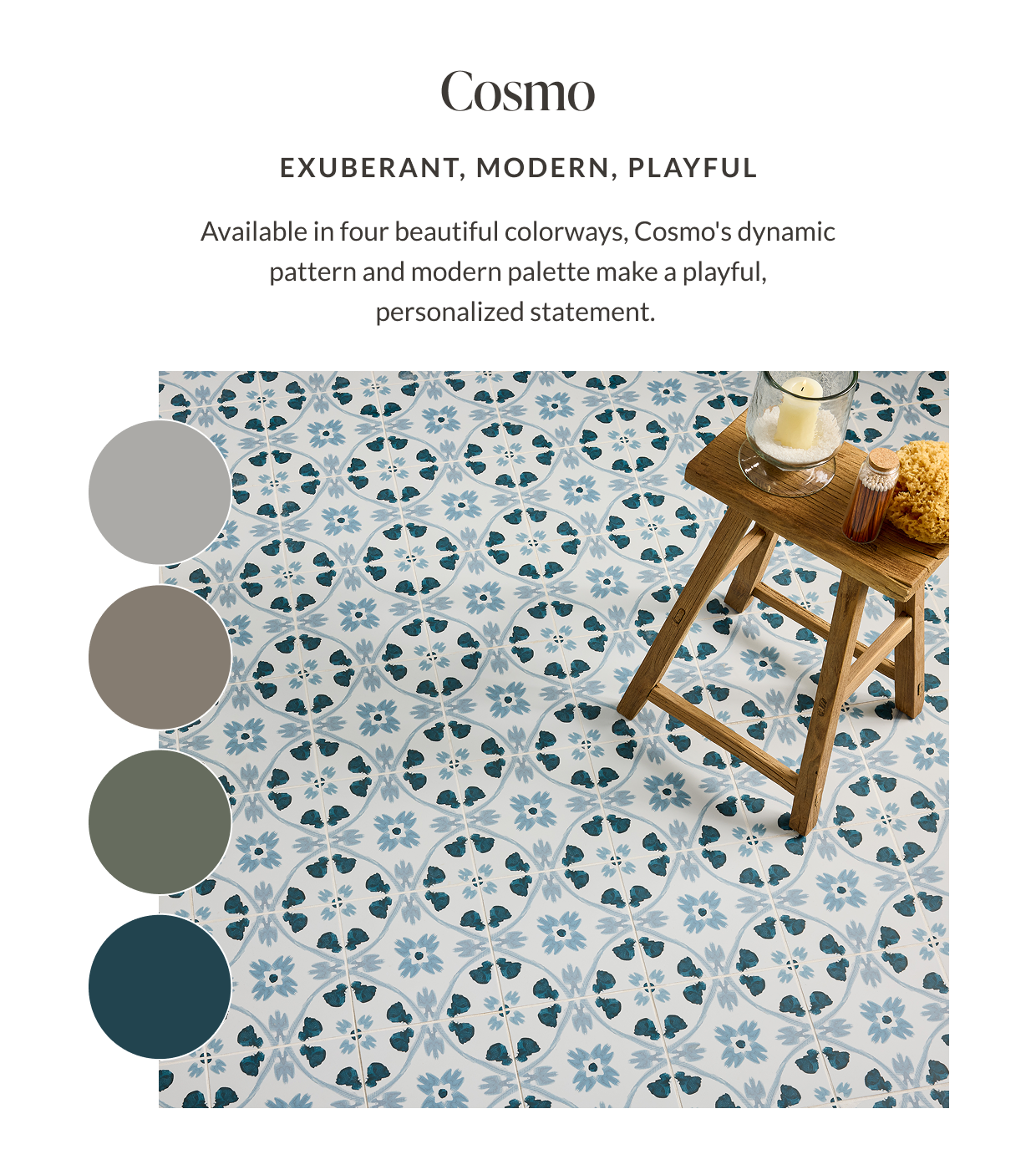 Cosmo - Exuberant, Modern, Playful. Available in four beautiful colorways, Cosmo's dynamic pattern and modern palette make a playful, personalized statement. 