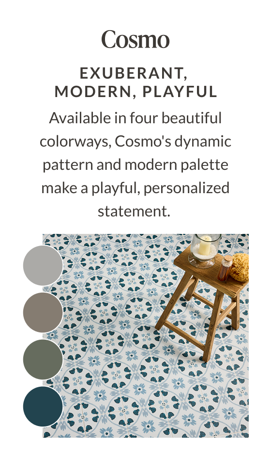 Cosmo - Exuberant, Modern, Playful. Available in four beautiful colorways, Cosmo's dynamic pattern and modern palette make a playful, personalized statement. 
