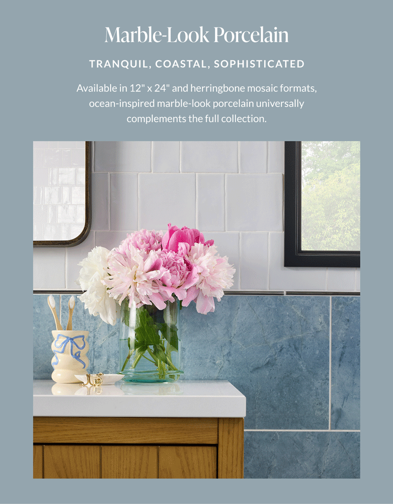 Marble-Look Porcelain - Trainquil, Coastal, Sophisticated. Available in 12" x 24" and herringbone mosaic formats, ocean-inspired marble-look porcelain universally complements the full collection. 
