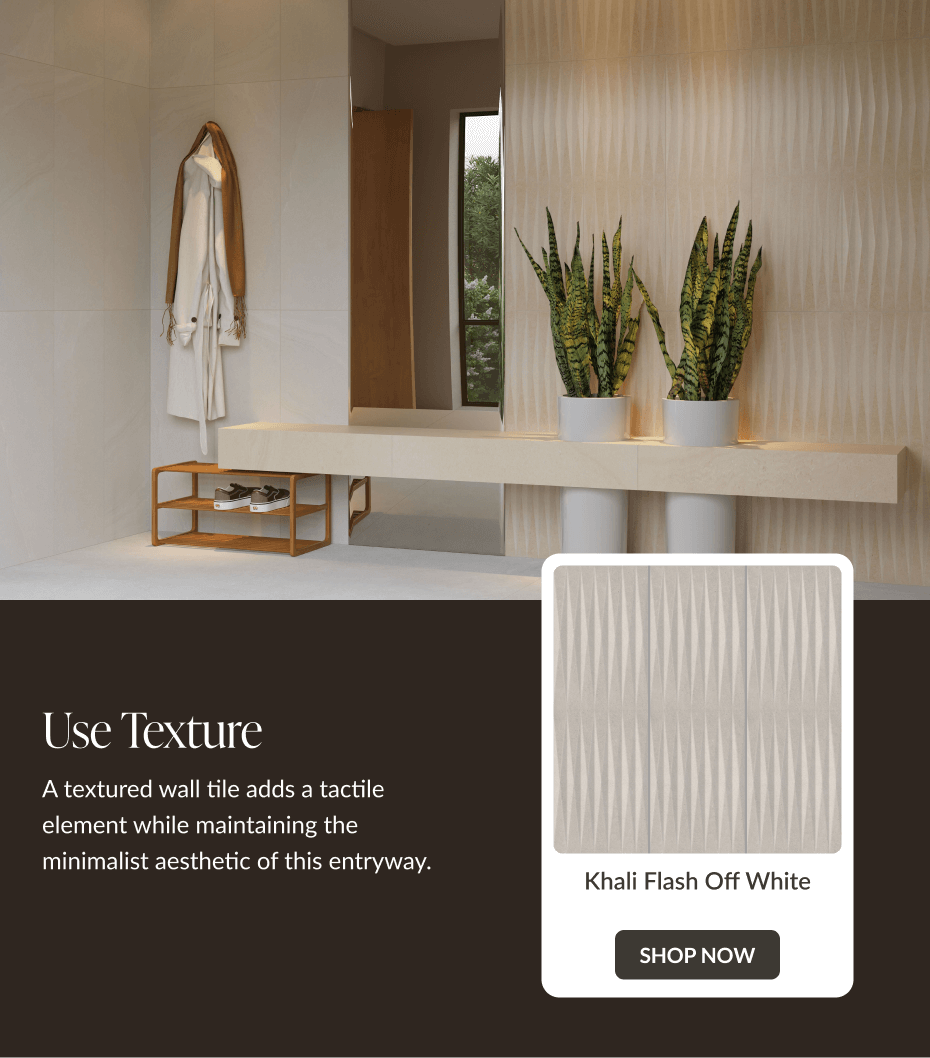 Use Texture: A textured wall tile adds a tactile element while maintaining the minimalist aesthetic of this entryway. Khali Flash Off White - Shop Now