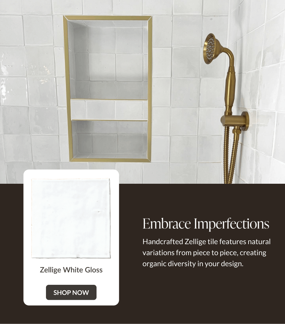 Embrace Imperfections: Handcrafted Zellige tile features natural variations from piece to piece, creating organic diversity in your design. Zellige White Gloss - Shop Now