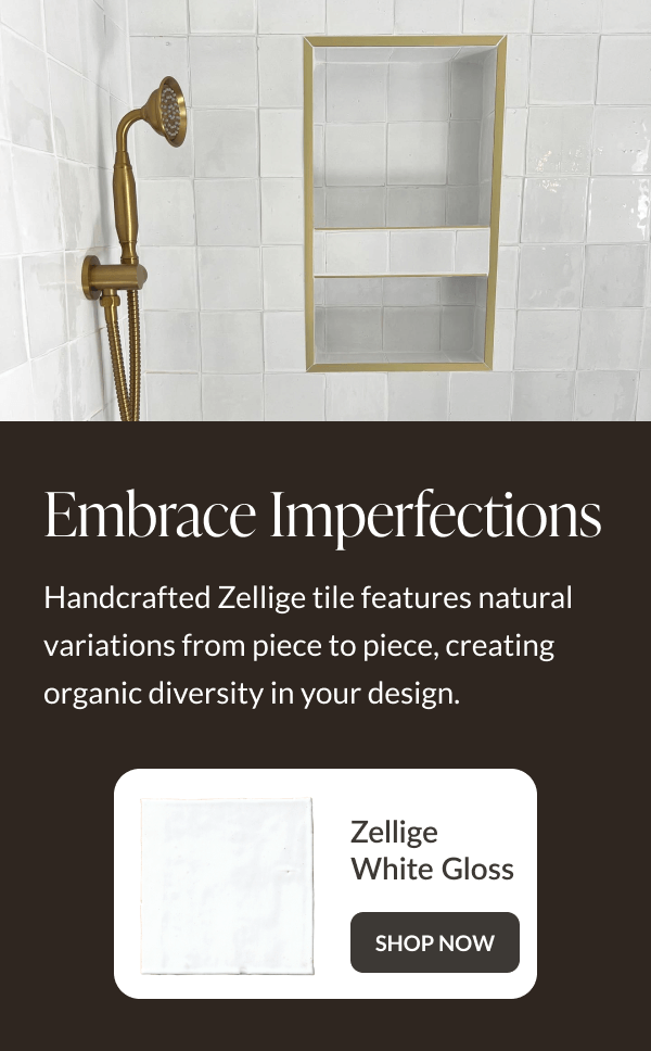 Embrace Imperfections: Handcrafted Zellige tile features natural variations from piece to piece, creating organic diversity in your design. Zellige White Gloss - Shop Now