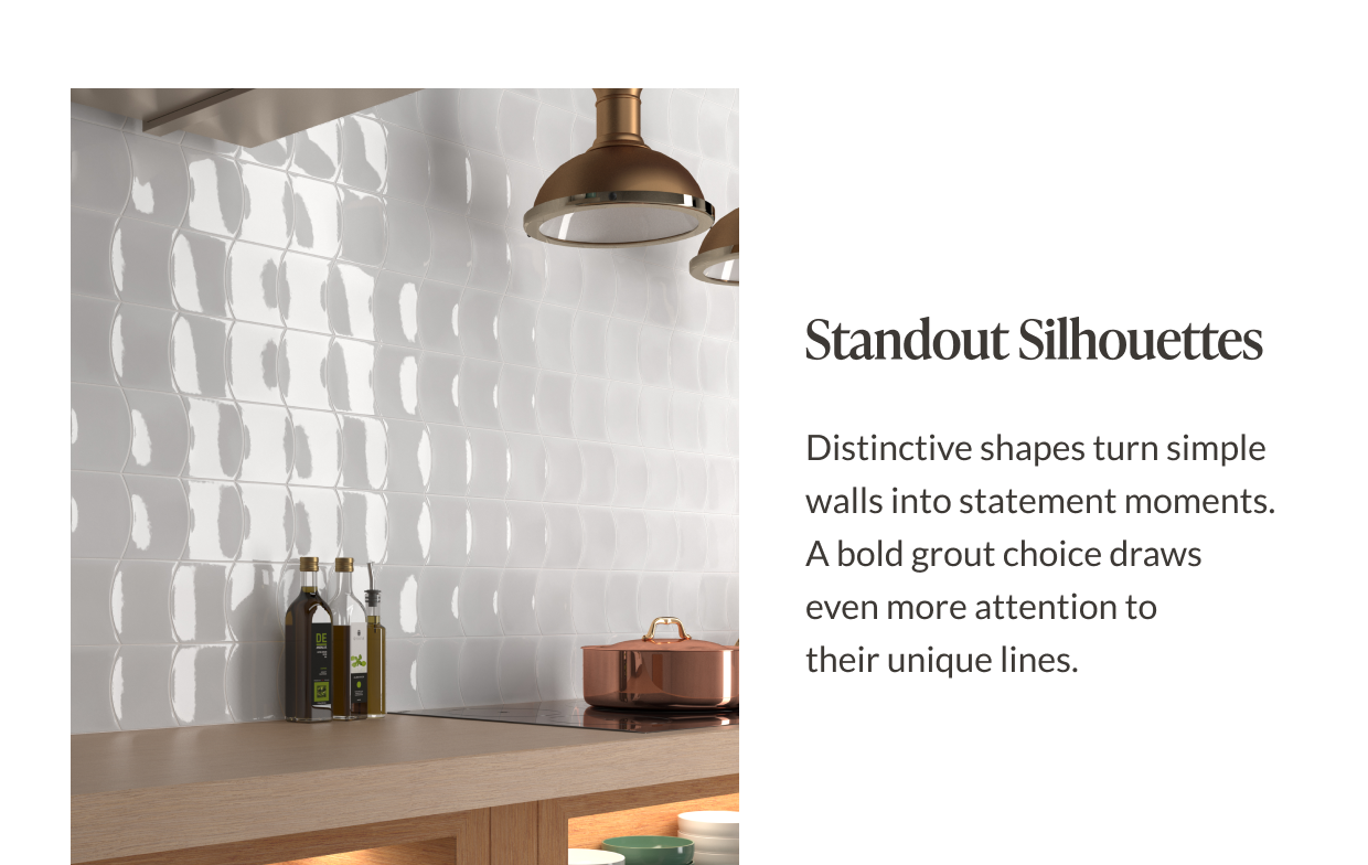 Standout Silhouettes: Distinctive shapes turn simple walls into statement moments. A bold grout choice draws even more attention to their unique lines. 