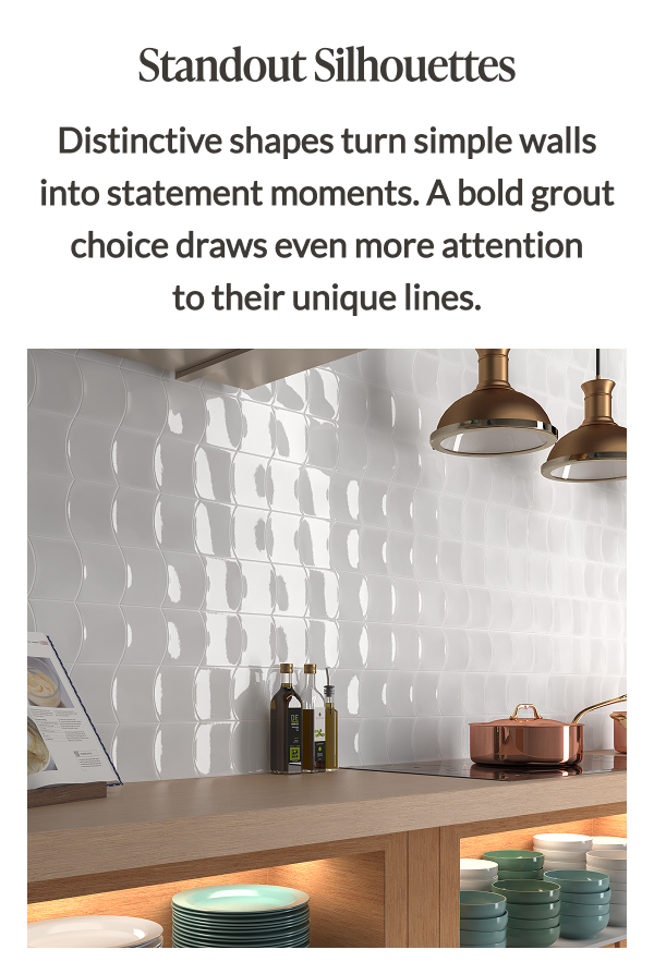 Standout Silhouettes: Distinctive shapes turn simple walls into statement moments. A bold grout choice draws even more attention to their unique lines. 