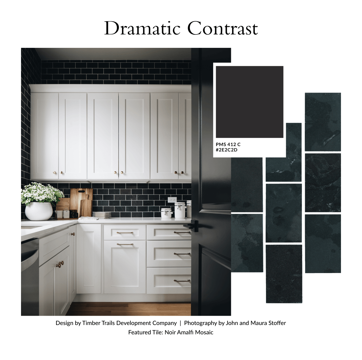 Dramatic Contrast: Design by Timber Trails Development Company | Photography by John and Maura Stoffer Featured Tile: Noir Amalfi Mosaic