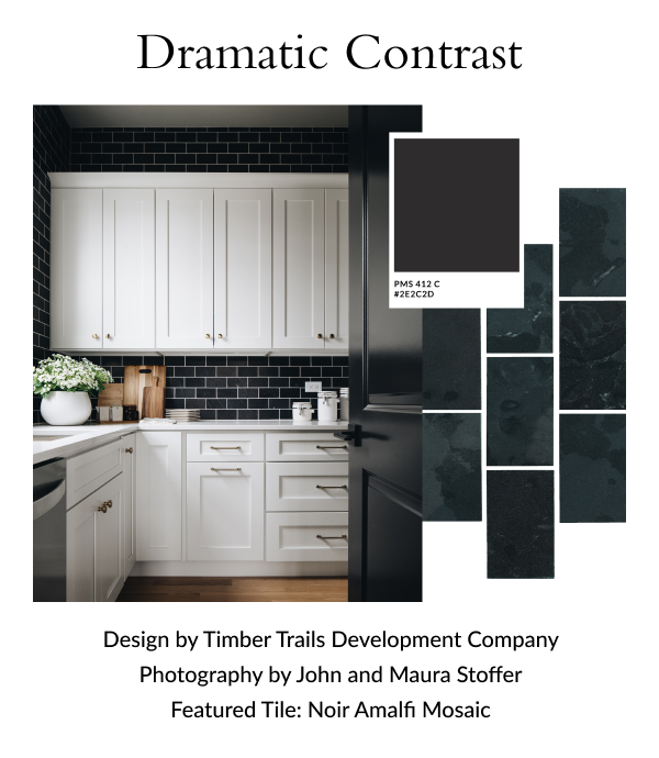 Dramatic Contrast: Design by Timber Trails Development Company | Photography by John and Maura Stoffer Featured Tile: Noir Amalfi Mosaic