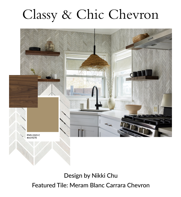 Classy & Chic Chevron: Design by Nikki Chu Featured Tile: Meram Blanc Carrara Chevron