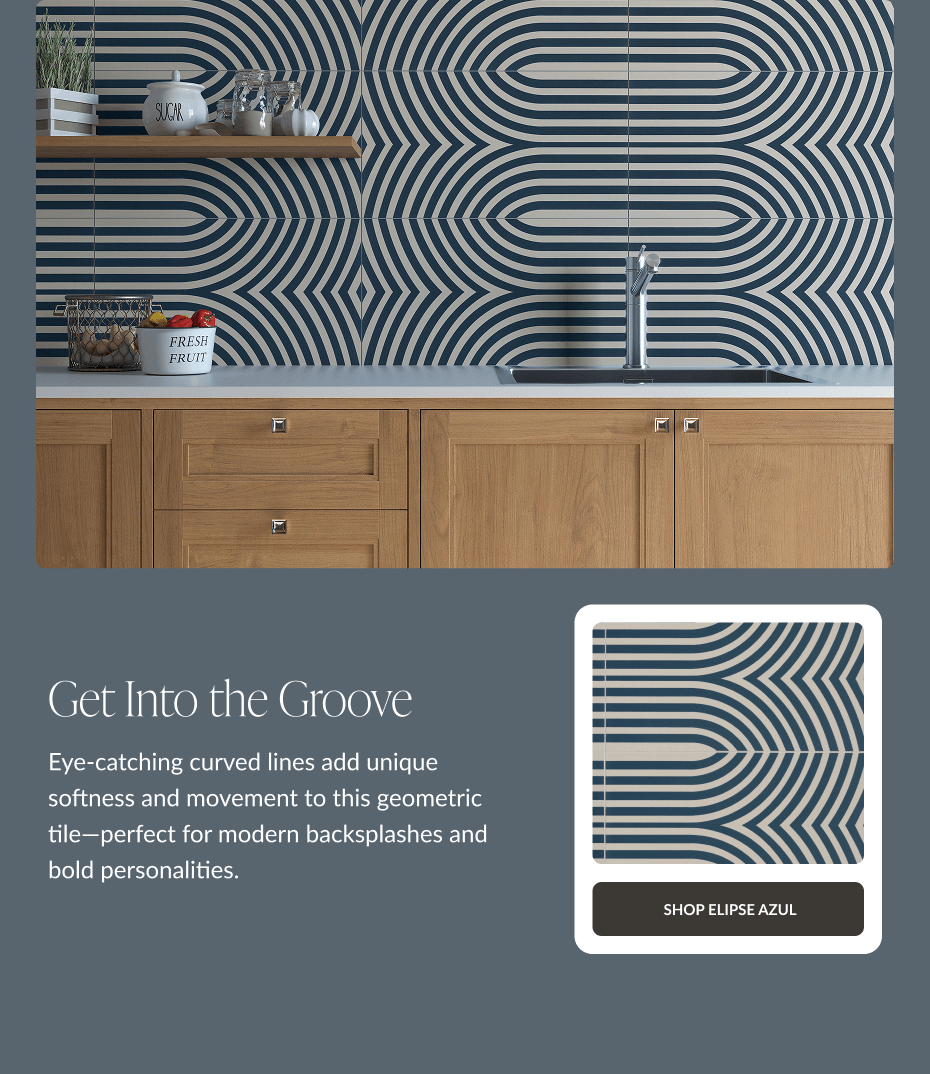 Get Into the Groove - Eye-catching curved lines add unique softness and movement to this geometric tile-perfect for modern backsplashes and bold personalities. Shop Elipse Azul