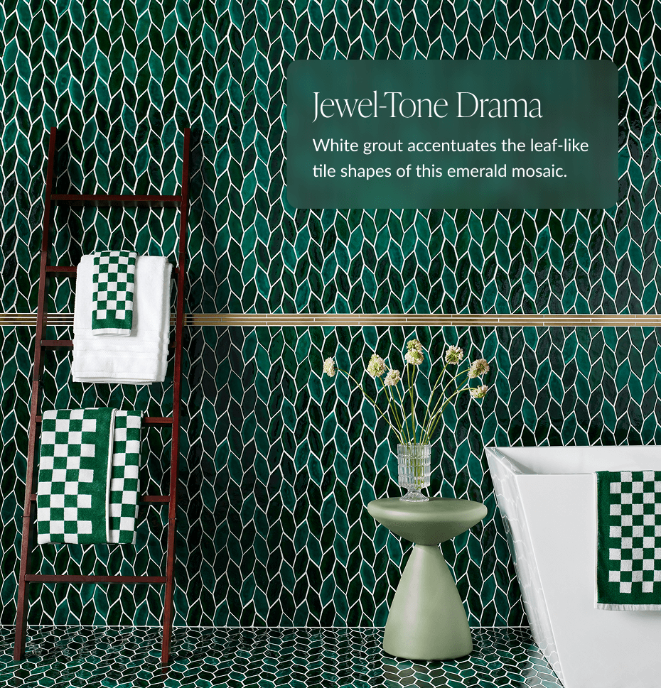 Jewel-Tone Drama - White grout accentuates the leaf-like tile shapes of this emerald mosaic. 