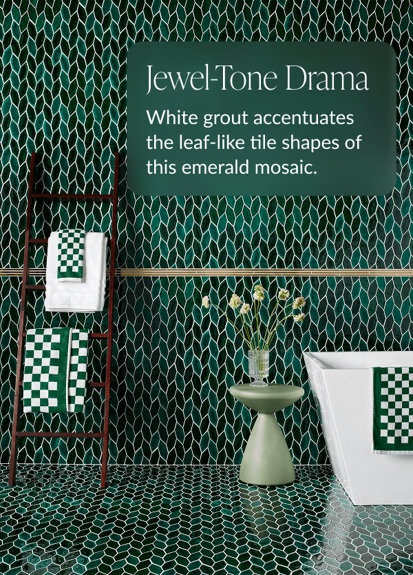Jewel-Tone Drama - White grout accentuates the leaf-like tile shapes of this emerald mosaic. 