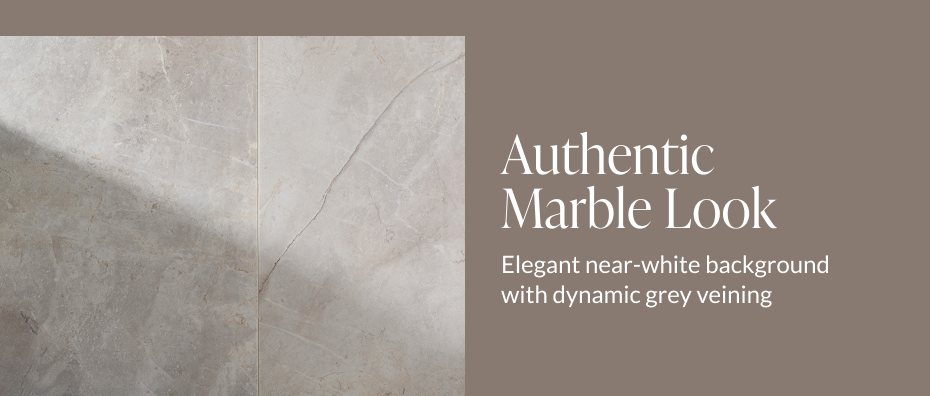 Authentic Marble Look - Elegant near-white background with dynamic grey veining. 