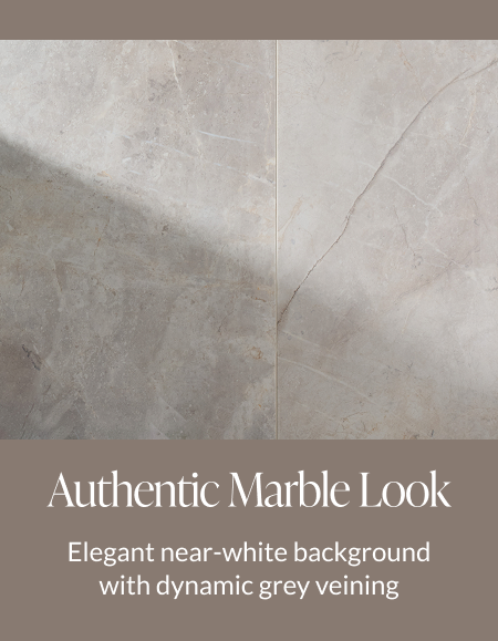 Authentic Marble Look - Elegant near-white background with dynamic grey veining. 