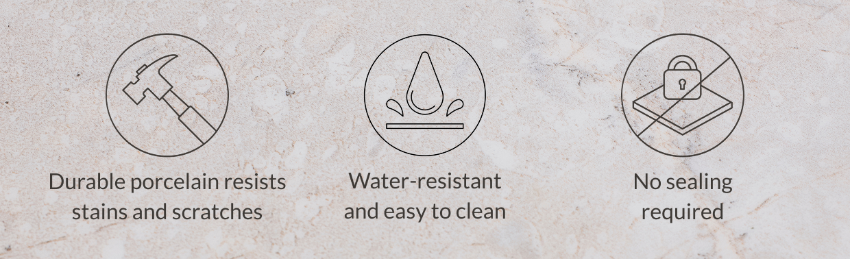 Durable porcelain resists stains and scratches. Water-resistant and easy to clean. No sealing required