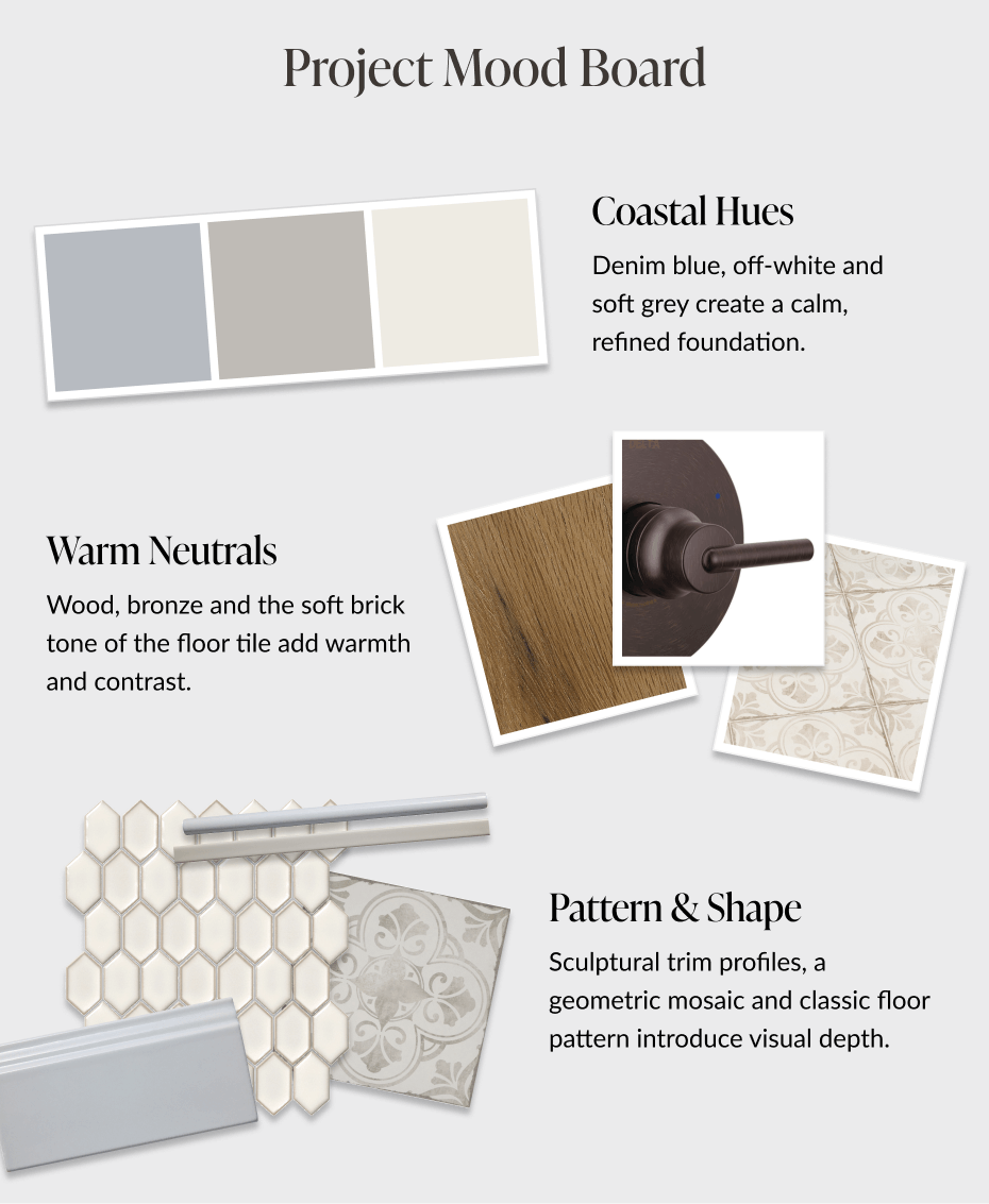Project Mood Board. Coastal Hues - Denim blue, off-white and soft grey create a calm, refined foundation. Warm Neutrals - Wood, bronze and the soft brick tone of the floor tile add warmth and contrast. Pattern and Shape - Sculptural trim profiles, a geometric mosaic and classic floor pattern introduce visual depth. 