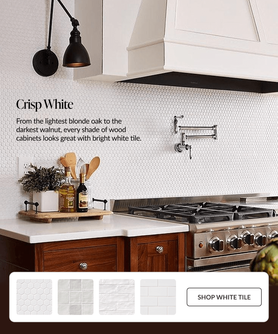 Crisp White - From the lightest blonde oak to the darkest walnut, every shade of wood cabinets looks great with bright white tile. Shop White Tile