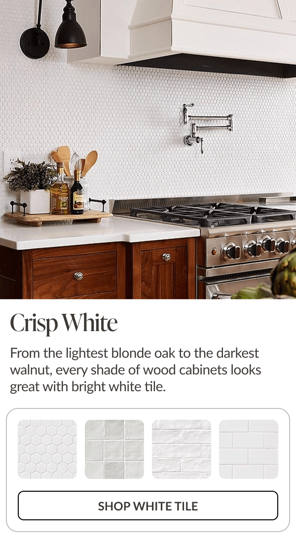 Crisp White - From the lightest blonde oak to the darkest walnut, every shade of wood cabinets looks great with bright white tile. Shop White Tile