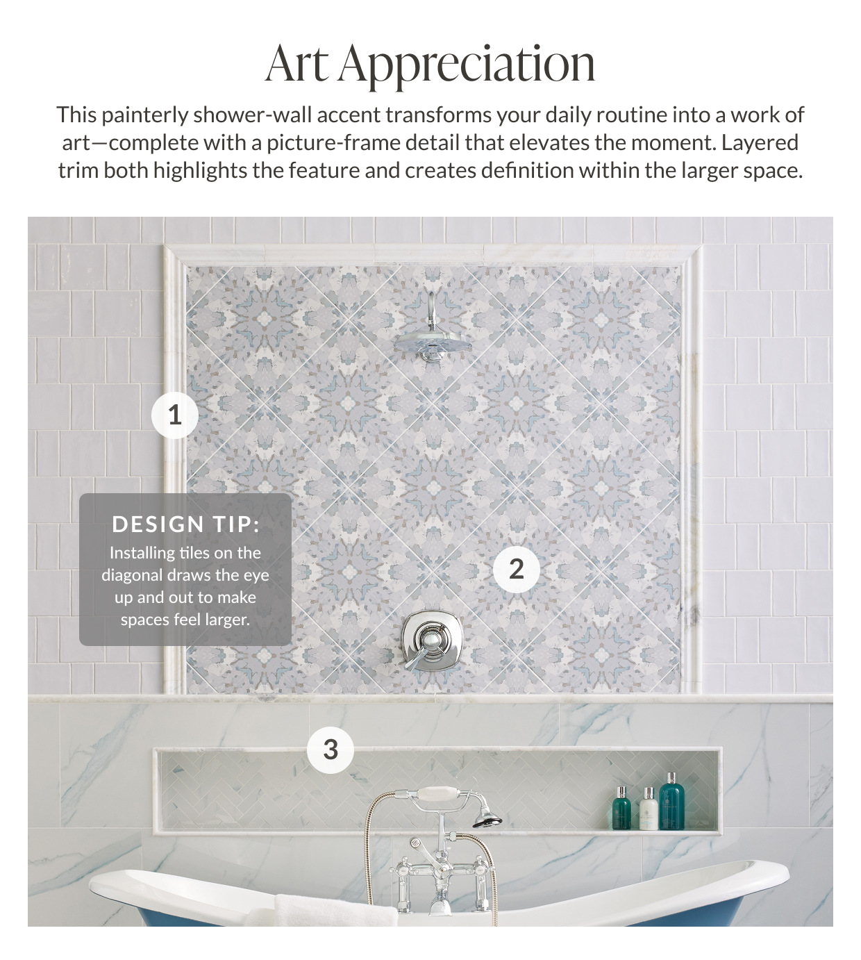 Art Appreciation. This painterly shower-wall accent transforms your daily routine into a work of art-complete with picture-frame detail that elevates the moment. Layered trim both highlights the feature and creates definition within the larger space. Design Tip: Installing tiles on the diagonal draws the eye up and out to make spaces feel larger. 