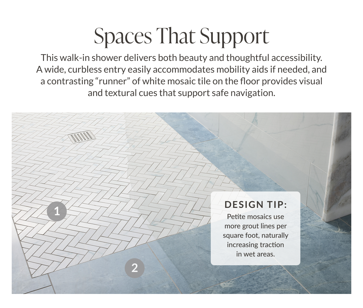 Spaces That Support - This walk-in shower delivers both beauty and thoughtful accessibility. A wide, curbless entry easily accommodates mobility aids if needed, and a contrasting "runner" of which mosaic tile on the floor provides visual and textural cues that support safe navigation. Design tip: Petite mosaics use more grout lines per square foot, naturally increasing traction in wet areas. 