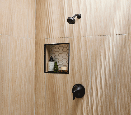 Nature's Palette - Characterized by outdoor themes and colors (like this sculptural wood-look tile), nature-inspired "biophilic design" boosts serotonin for wellness-focused spaces. 