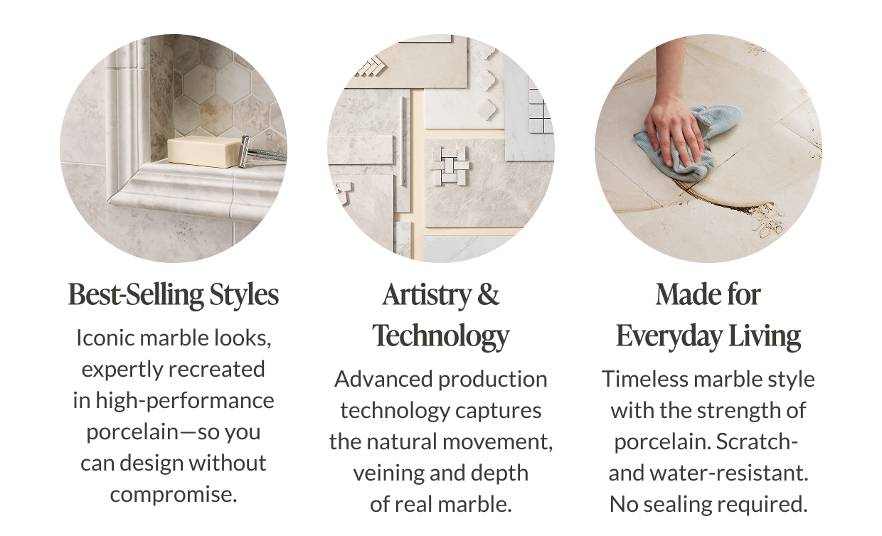 Best-Selling styles: Iconic marble looks, expertly recreated in high-performance porcelain-so you can design without compromise. Artistry & Technology - Advanced production technology captures the natural movement, veining and depth of real marble. Made for Everyday Living - Timeless marble style with the strength of porcelain. Scratch and water-resistant. No sealing required. 