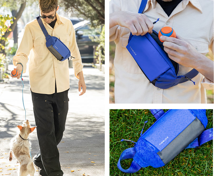 Grid of 3 lifestyle images of the Miles Chest Pack in use