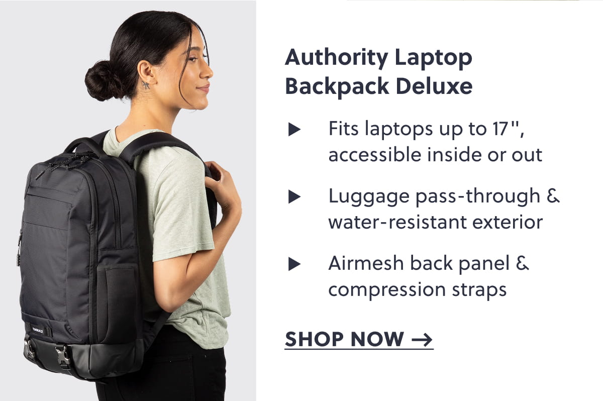 Authority Laptop Backpack Deluxe |  Fits laptops up to 17", accessible inside or out.  Luggage pass-through & water-resistant exterior.  Airmesh back panel & compression straps.  Shop now 
