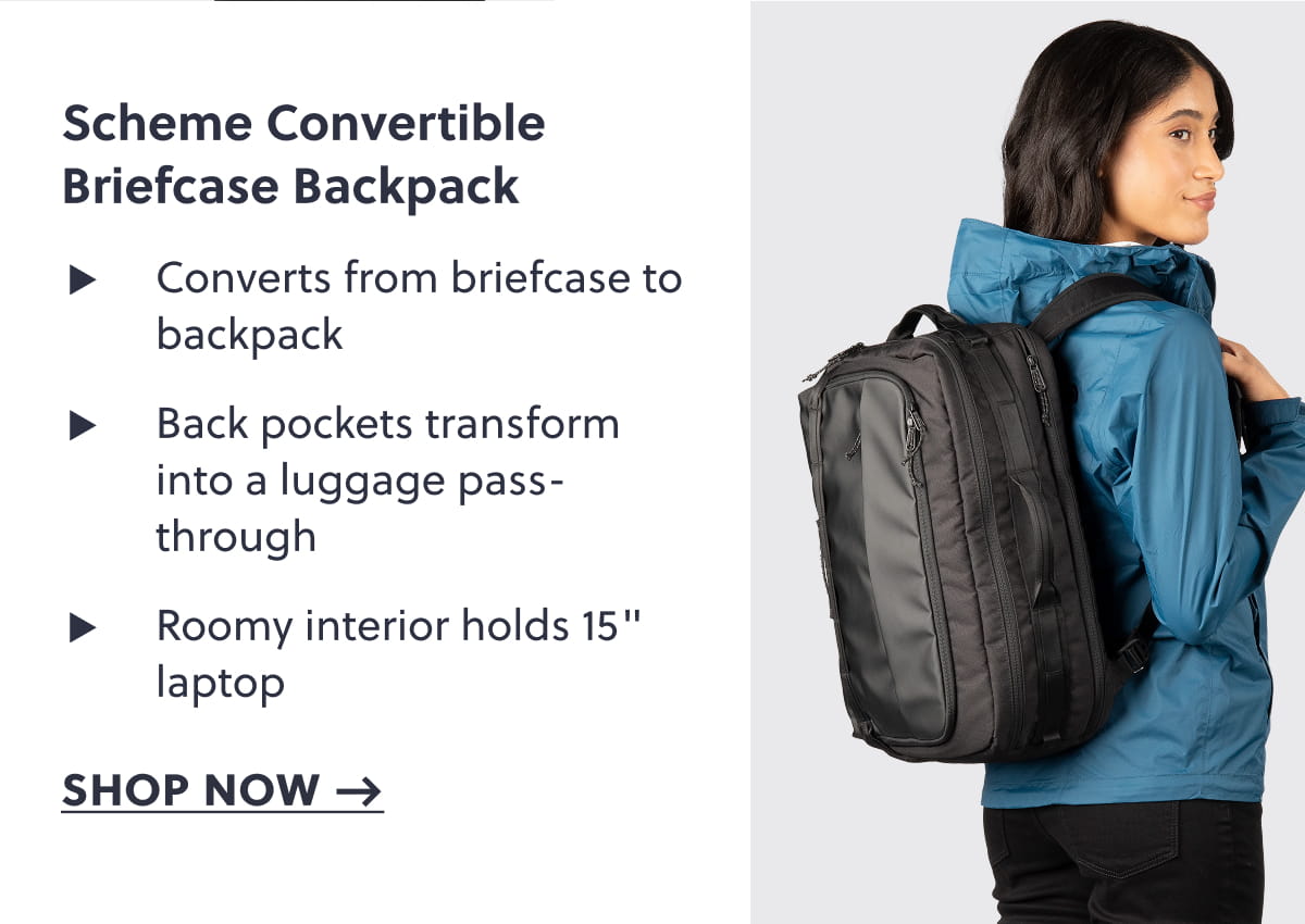 Scheme Convertible Briefcase Backpack |  Converts from briefcase to backpack.  Back pockets transform into a luggage pass-through.  Roomy interior holds 15" laptop.  Shop now 