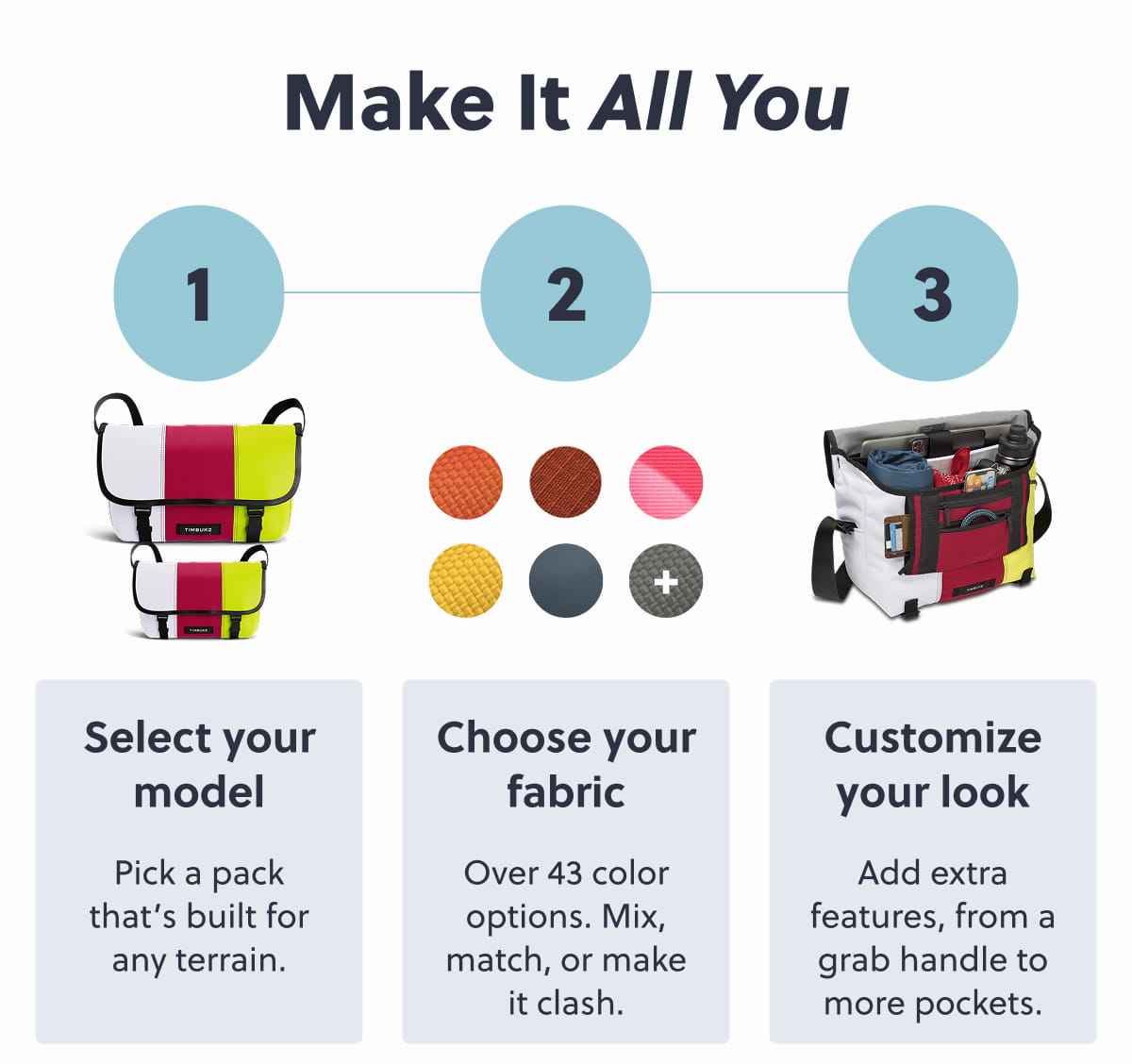 Make It All You: 1. Select your model. Pick a pack that’s built for any terrain. 2. Choose your fabric. Over 43 color options. Mix, match, or make it clash. 3. Customize your look. Add extra features, from a grab handle to more pockets.