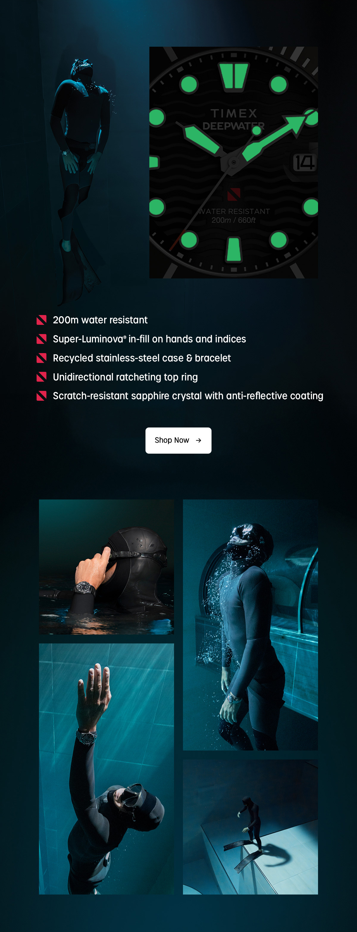 200m water rersistant | Super-Luminova in-fill on hands and indices | Recycled stainless-steel case & bracelet | Unidirectional ratcheting top ring | Scratch-resistant sapphire crystal with anti-reflective coating | Shop Now