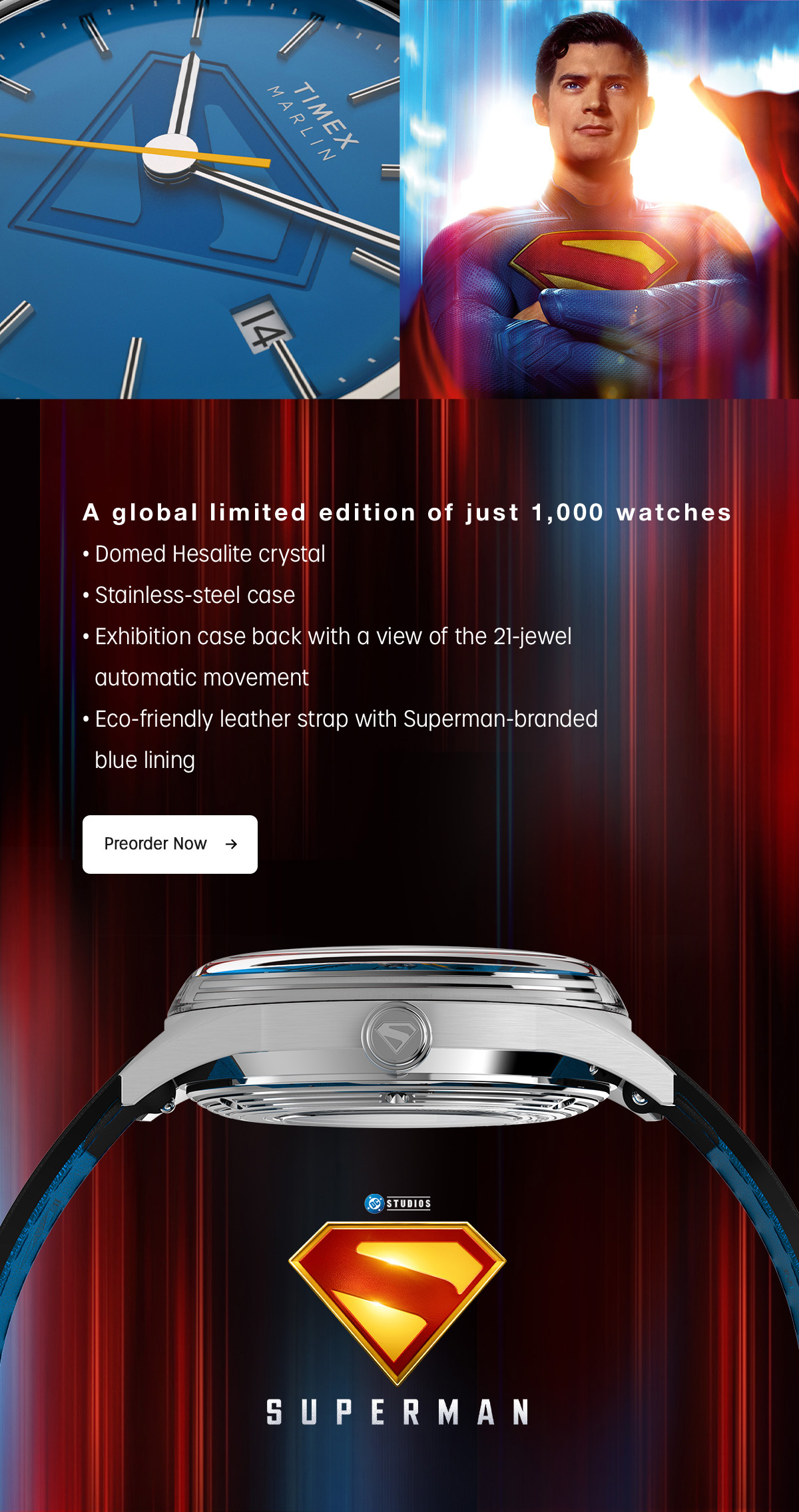 A global limited edition of just 1,000 watches | Domed Hesalite crystal | Stainless-steel case | Exhibition case back with a view of the 21-jewel automatic movement | Eco-friendly leather strap with Superma-branded blue lining | Preorder Now