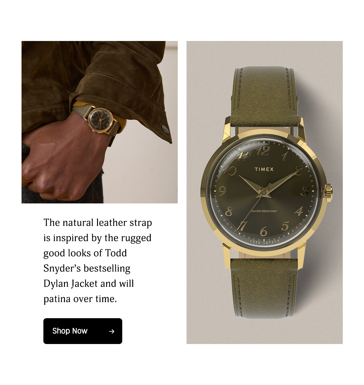 The natural leather strap is inspired by the rugged good looks of Todd Snyder's bestselling Dylan Jacket and will patina over time. | Shop Now