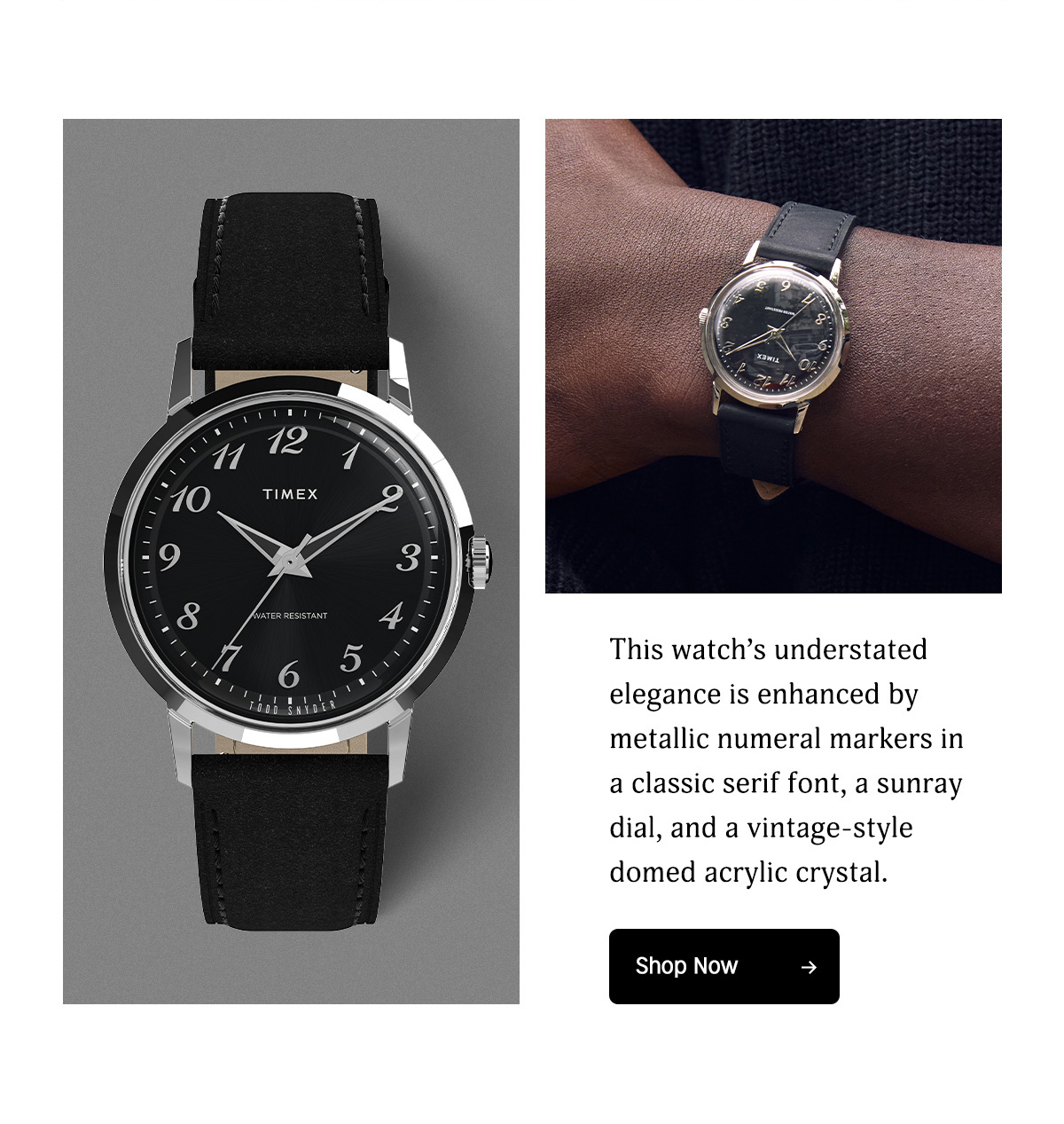 This watch's understated elegance is enhanced by metallic numeral markers in a classic serif font, a sunray dial, and a vintage-style domed acrylic crystal. | Shop Now