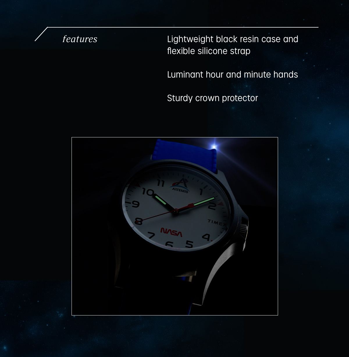 features | Lightweight black resin case and flexible silicone strap | Luminant hour and minute hands | Sturdy crown protector 