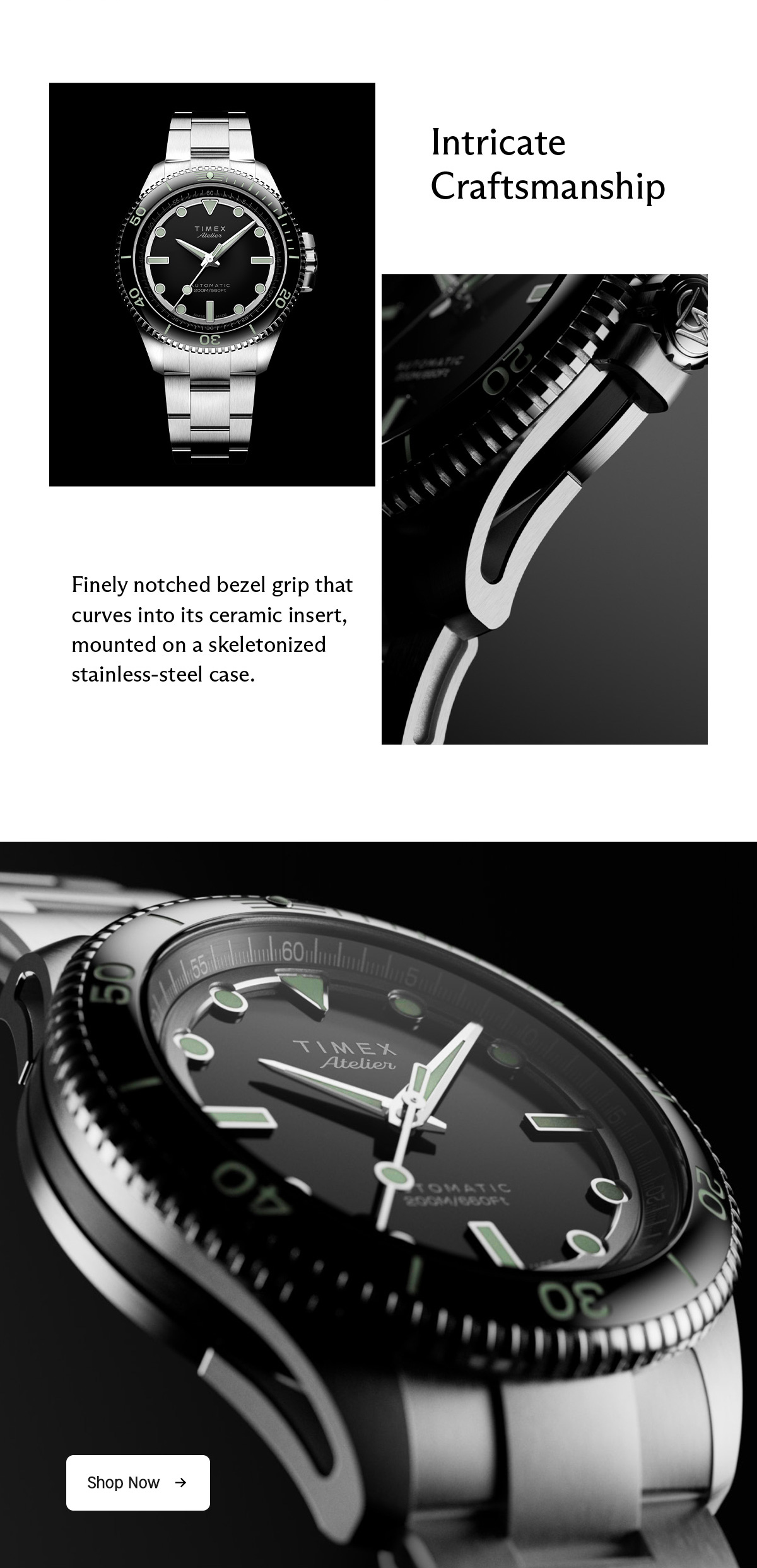 Intricate Craftmanship | Finely notched bezel grip that curves into its ceramic insert, mounted on a skeletonized stainless-steel case. | Shop Now