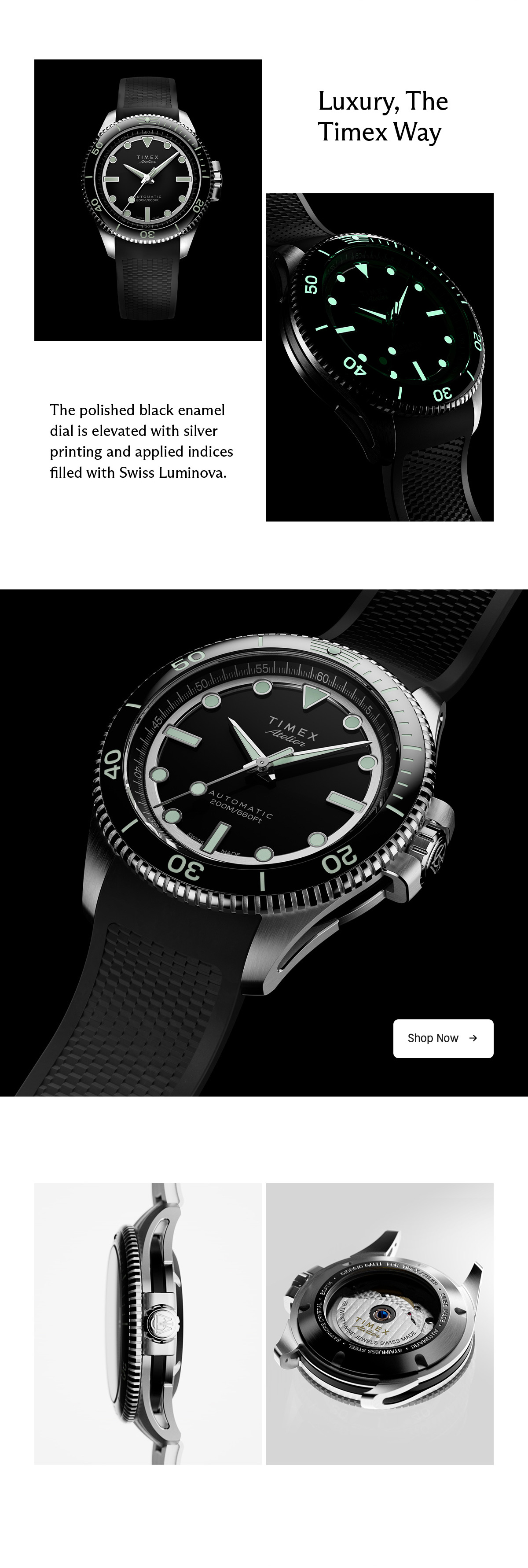 Luxury, The Timex Way | The polished black enamel dial is elevated with silver printing and applied indices fill with Swiss Luminova. | Shop Now