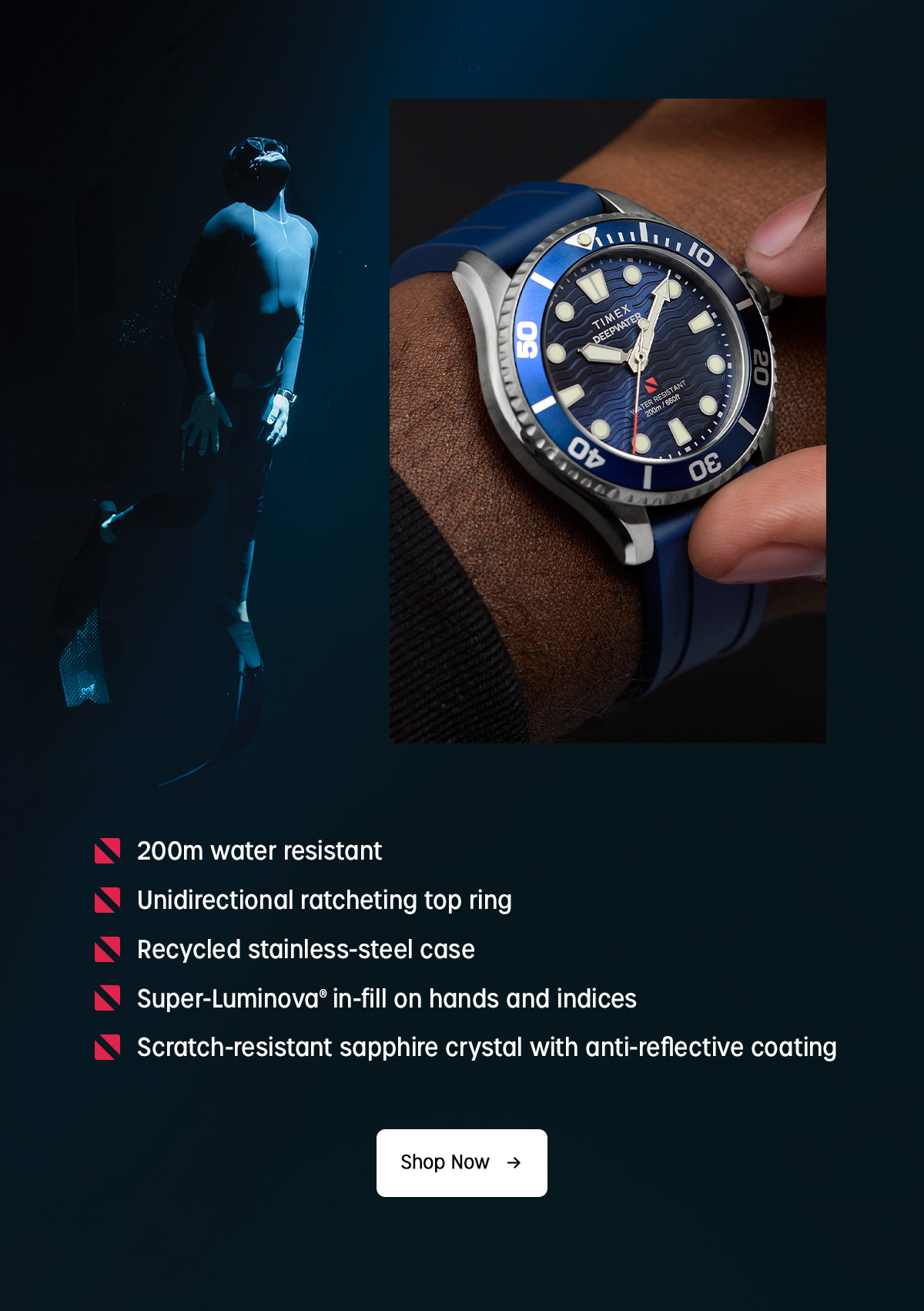 200m water resistant | Unidirectional ratcheting top ring | Recycled stainless-steel case | Super-Luminova in-fill on hands and indices | Scratch-resistant sapphire crystal with anti-reflective coating | Shop Now