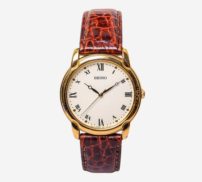 Seiko Rewound Gold Colored and Brown Quartz Analog Watch 30mm