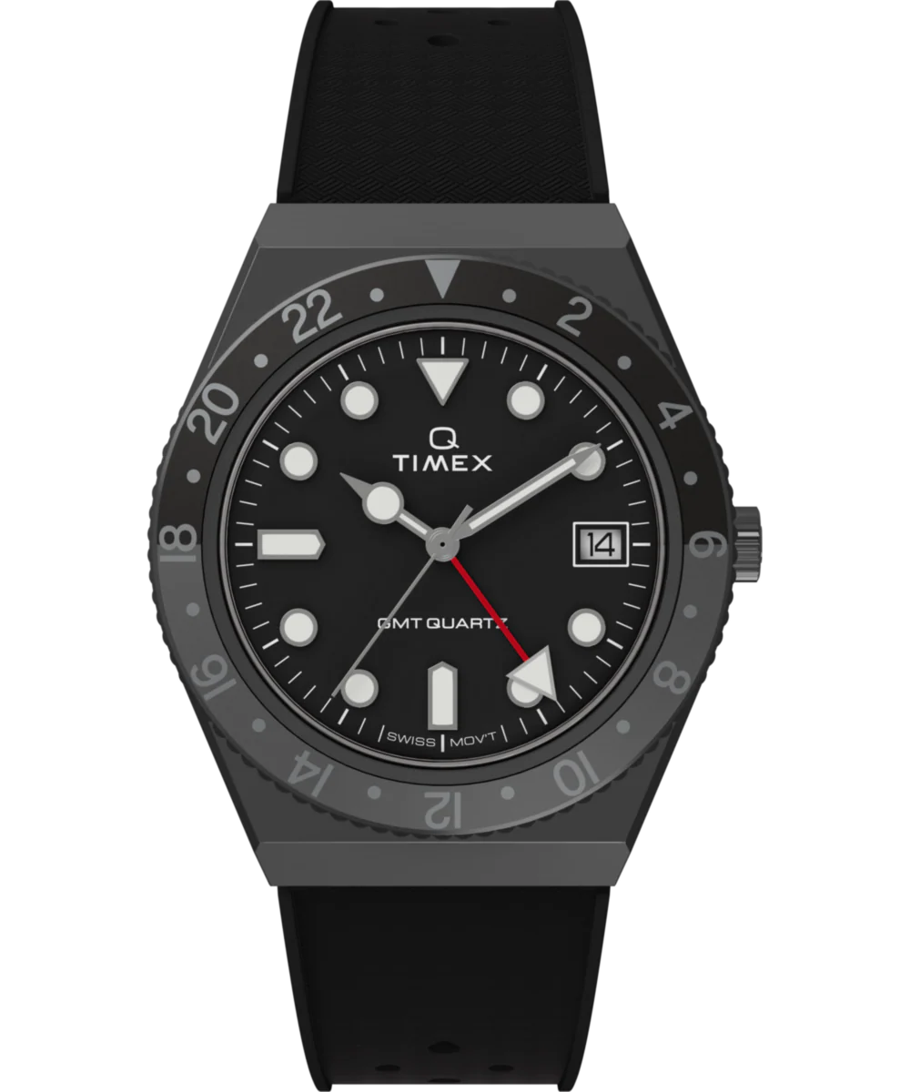 Image of Q Timex GMT 38mm Synthetic Rubber Strap Watch