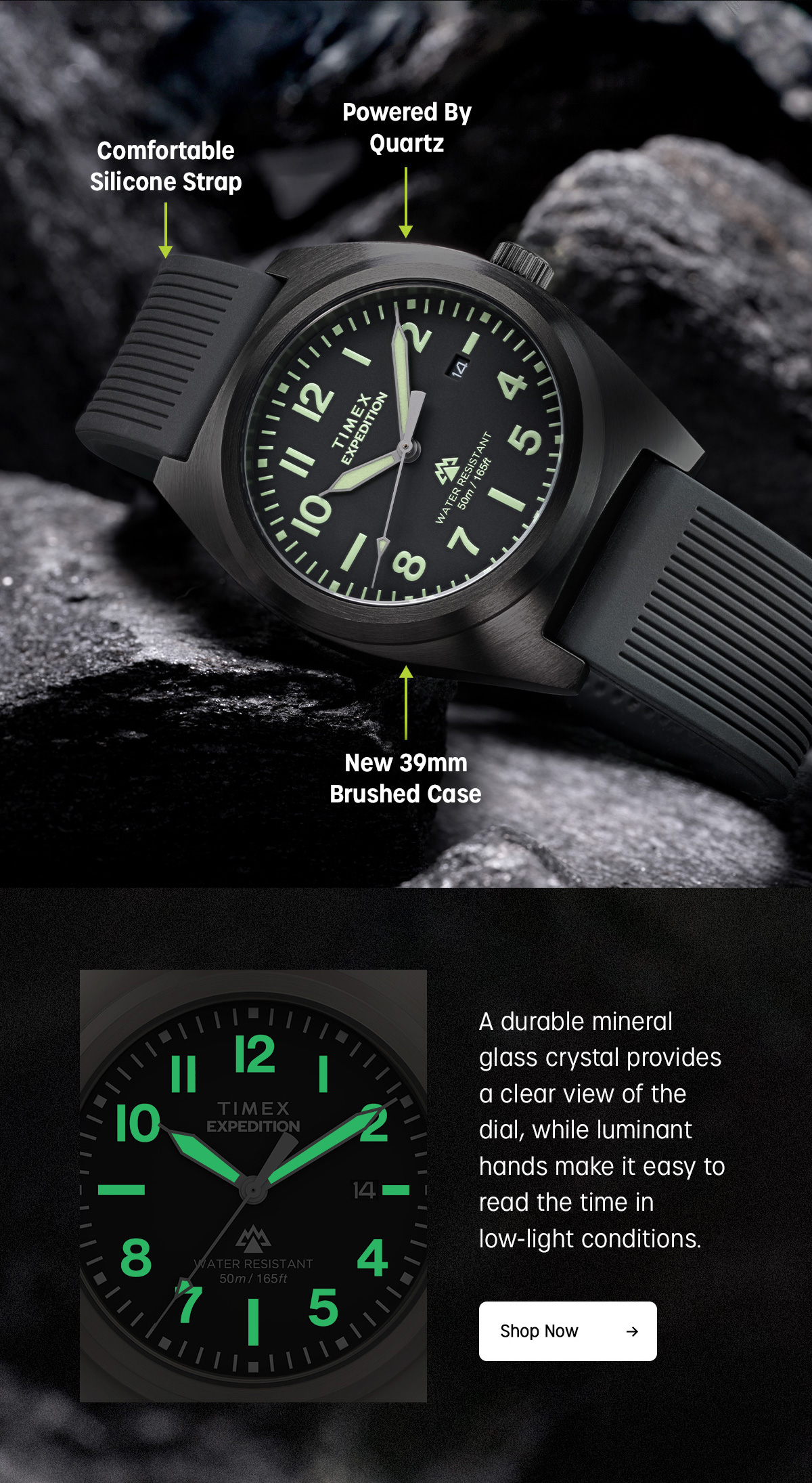 comfortable silicone strap | powered by quartz | new 39mm brushed case | a durable mineral glass crystal provides a clear view of the dial, while luminant hands make it easy to read the time in low-light conditions. | shop now