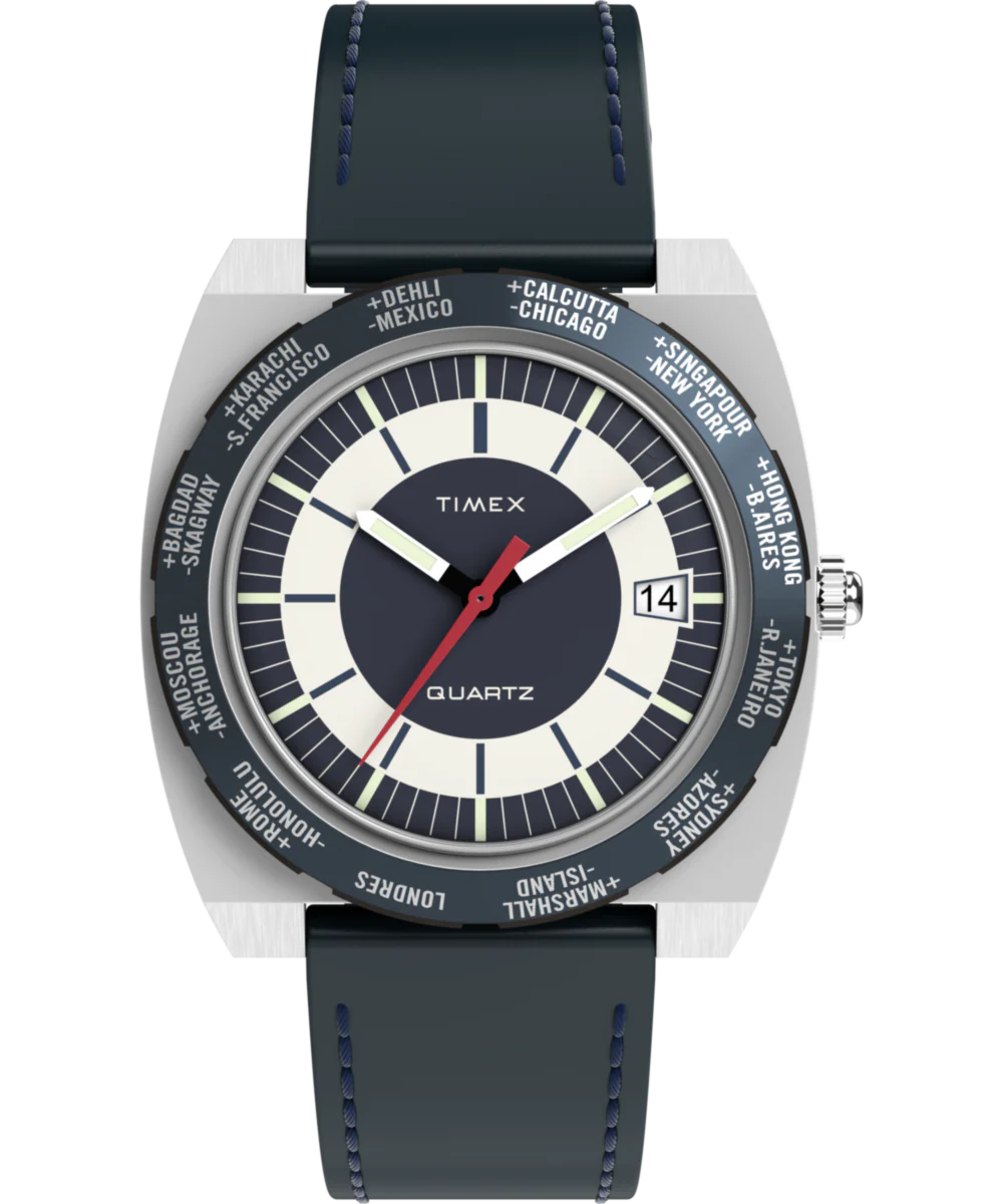 Image of Q Timex® 1972 World Time 39mm Leather Strap Watch