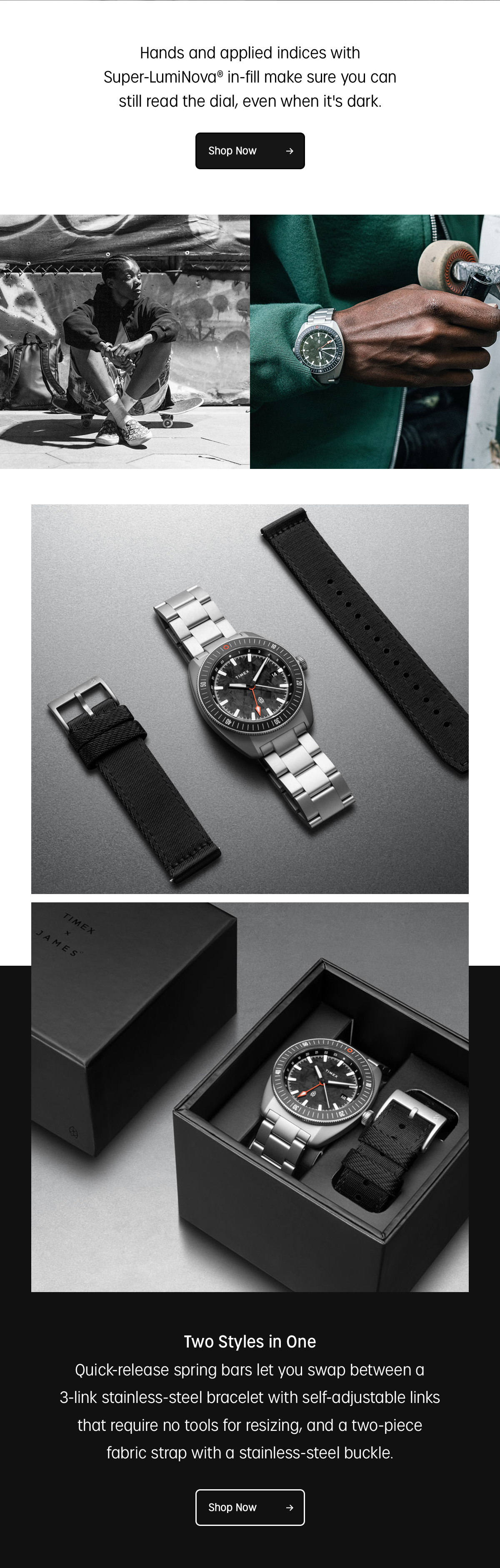 hands and applied indices with super-luminova in-fill make sure you can still read the dial, even when its dark. | shop now | two styls in one | quick-release spring bars let you swap between a 3-link stainless-steel bracelet with self-adjustable links that require no tools for resizing, and a two-piece fabric strap with a stainless-steel buckle. | shop now