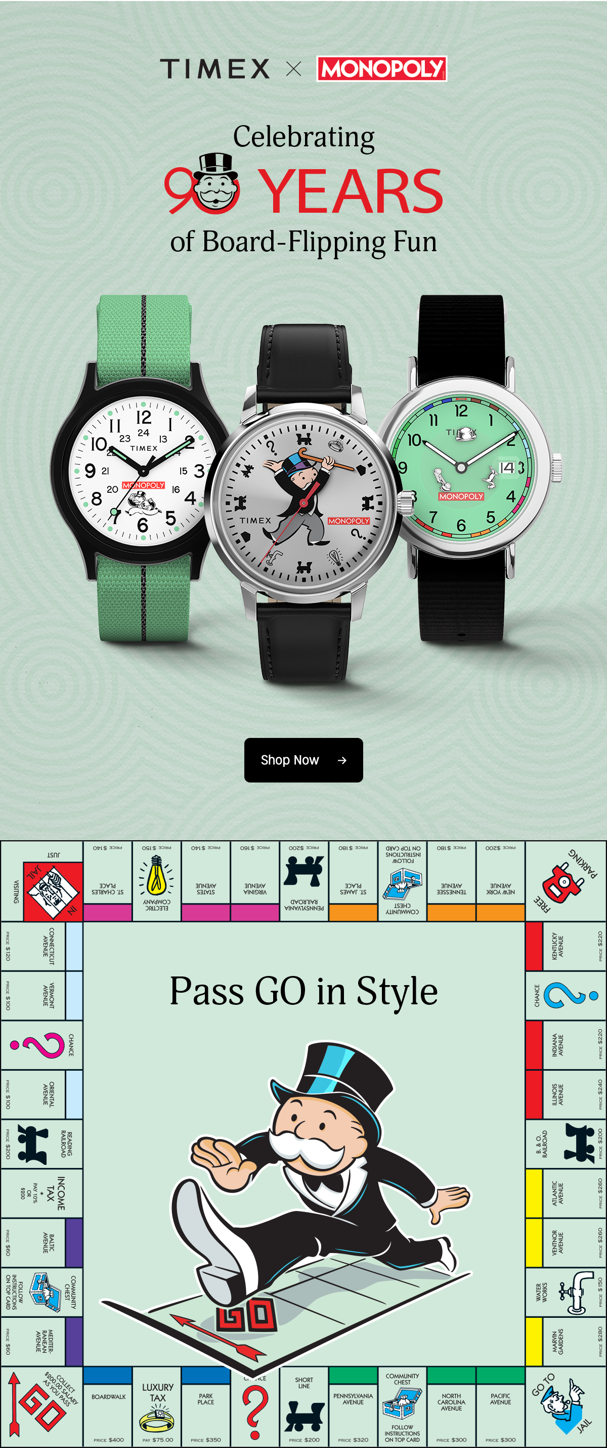 timex x monopoly | celebrating 90 years of board-flipping fun | shop now