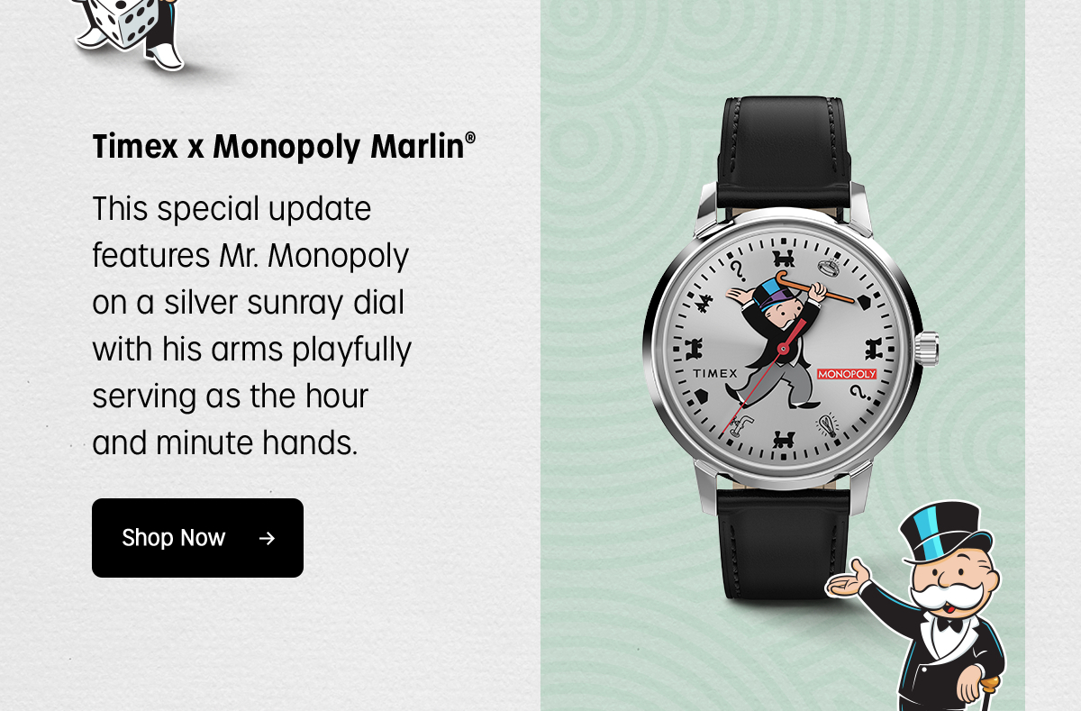 timex x monopoly marlin | this special update features features mr. monopoly on a silver sunday dial with his arms playfully serving as the hour and minute hands. | shop now