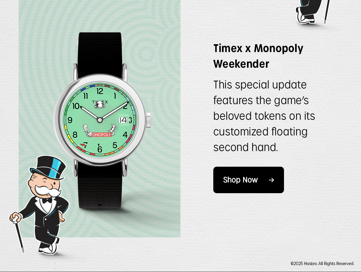 timex x monopoly weekender | this special update features the game's beloved tokens on its customized floating second hand. | shop now