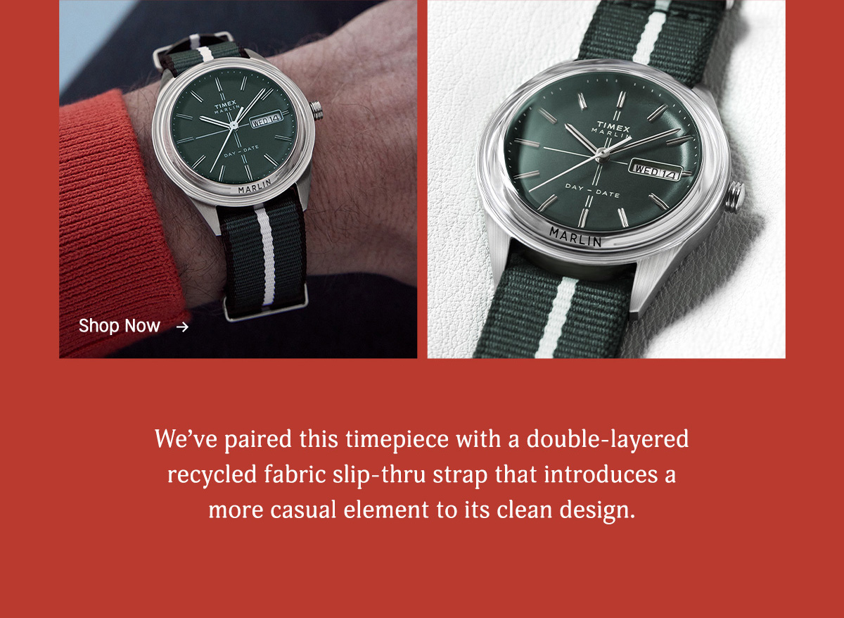 we've opaired this timepiece with a double-layered recycled fabric slip-thru strap that introduces a more casual element to its clean design. | shop now