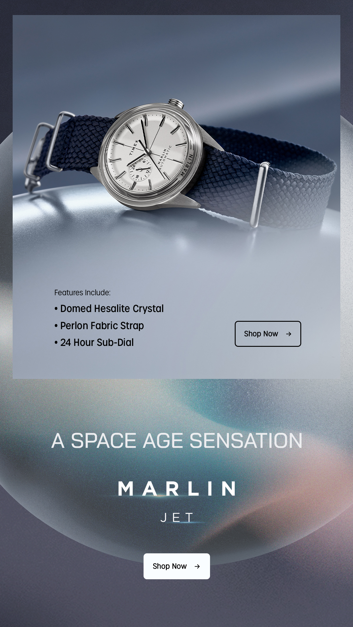 Features Include: Domed Hesalite Crystal | Perlon Fabric Strap | 24 Hour Sub-Dial | Shop Now | A SPACE AGE SENSATION |  MARLIN JET | Shop Now