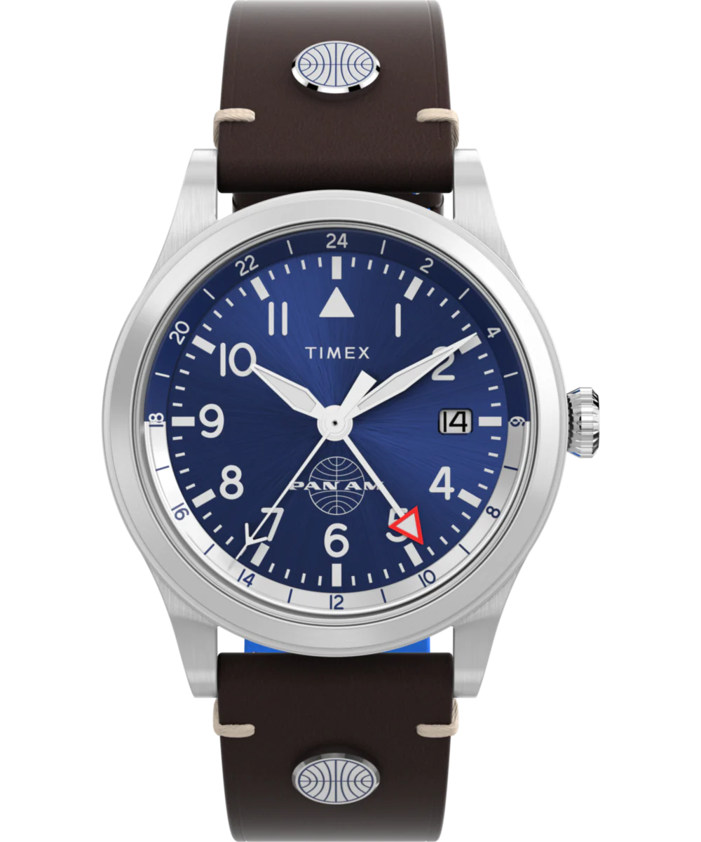 Image of Pan Am® x Timex Waterbury GMT 39mm Leather Strap Watch
