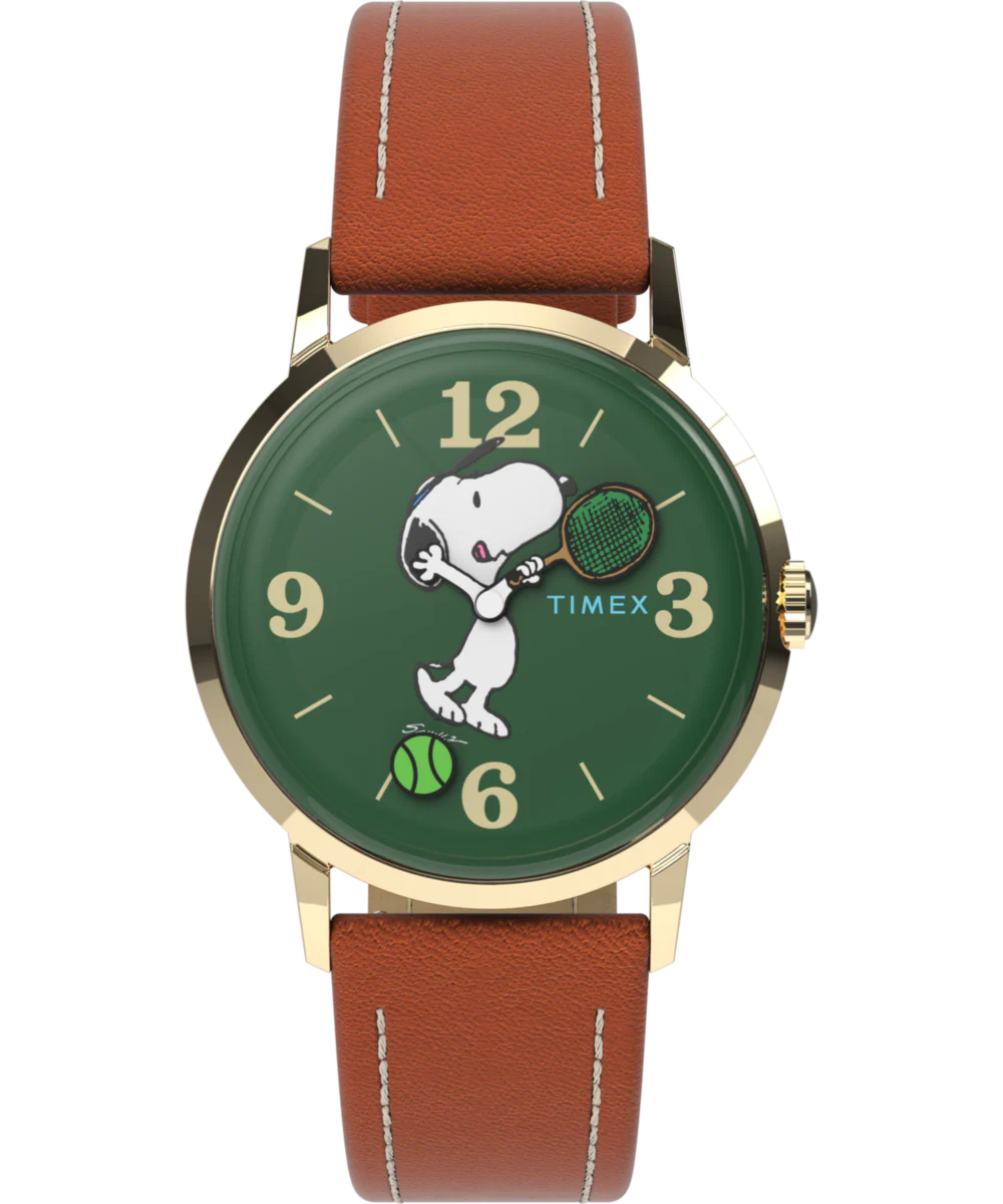 Image of Peanuts® x Timex Marlin® Hand-Wound Snoopy Tennis 34mm Leather Strap Watch