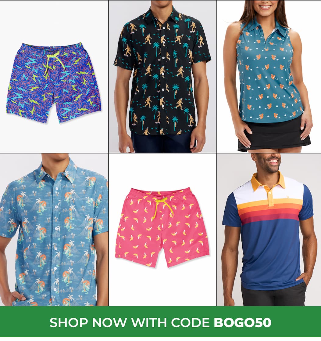BOGO - buy 1 get 1 50% off - mix n match between golf polos, Hawaiian shirts and swim trunks