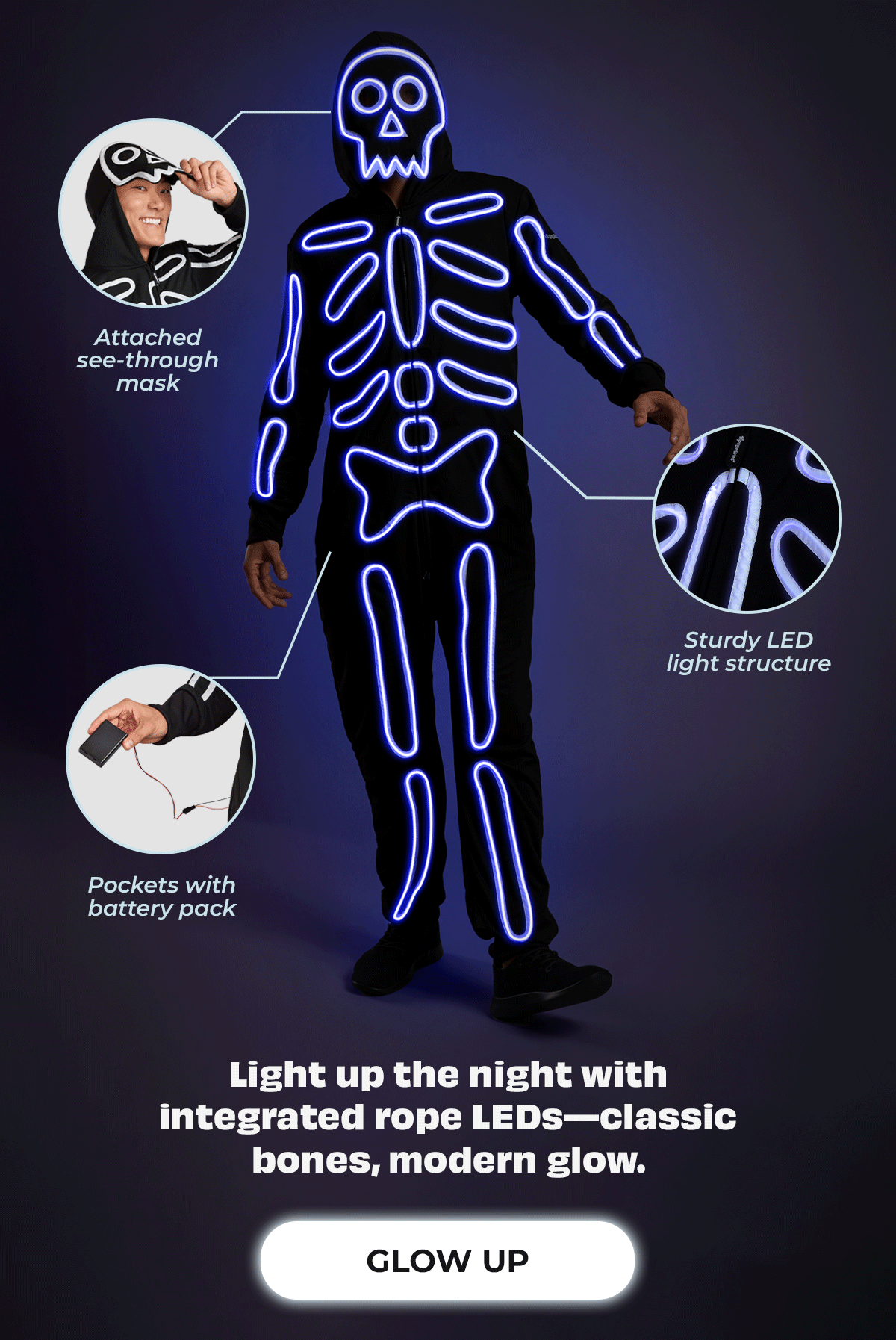 Attached see through mask, sturdy LED light structure, Pockets with battery pack.